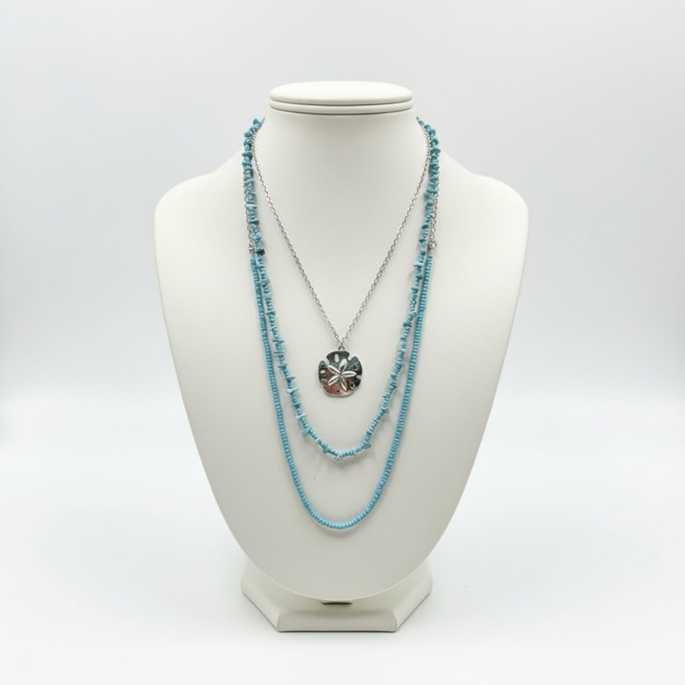 Boho Silver-Tone Sand Dollar and Turquoise Beaded Layered Necklace